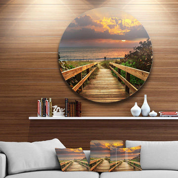 Long Wooden Stairs into the Sea - Sea & Shore Metal Circle Wall Art